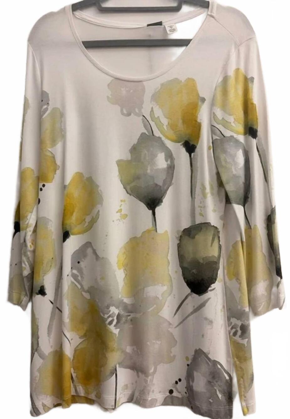 NEW DOLCEZZA women's abstract watercolor floral print top in white/yellow combo